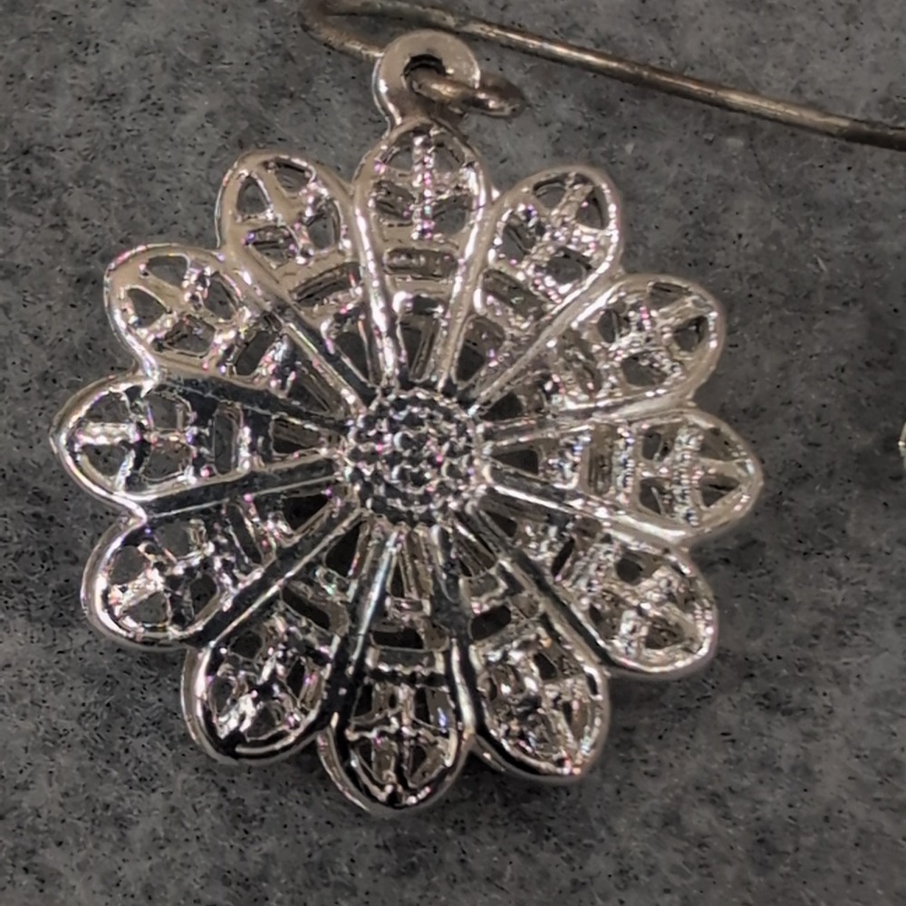 Silver Tone Filigree Flower Dangle Earrings Dainty Petal Design Stained Glass - Picture 3 of 4